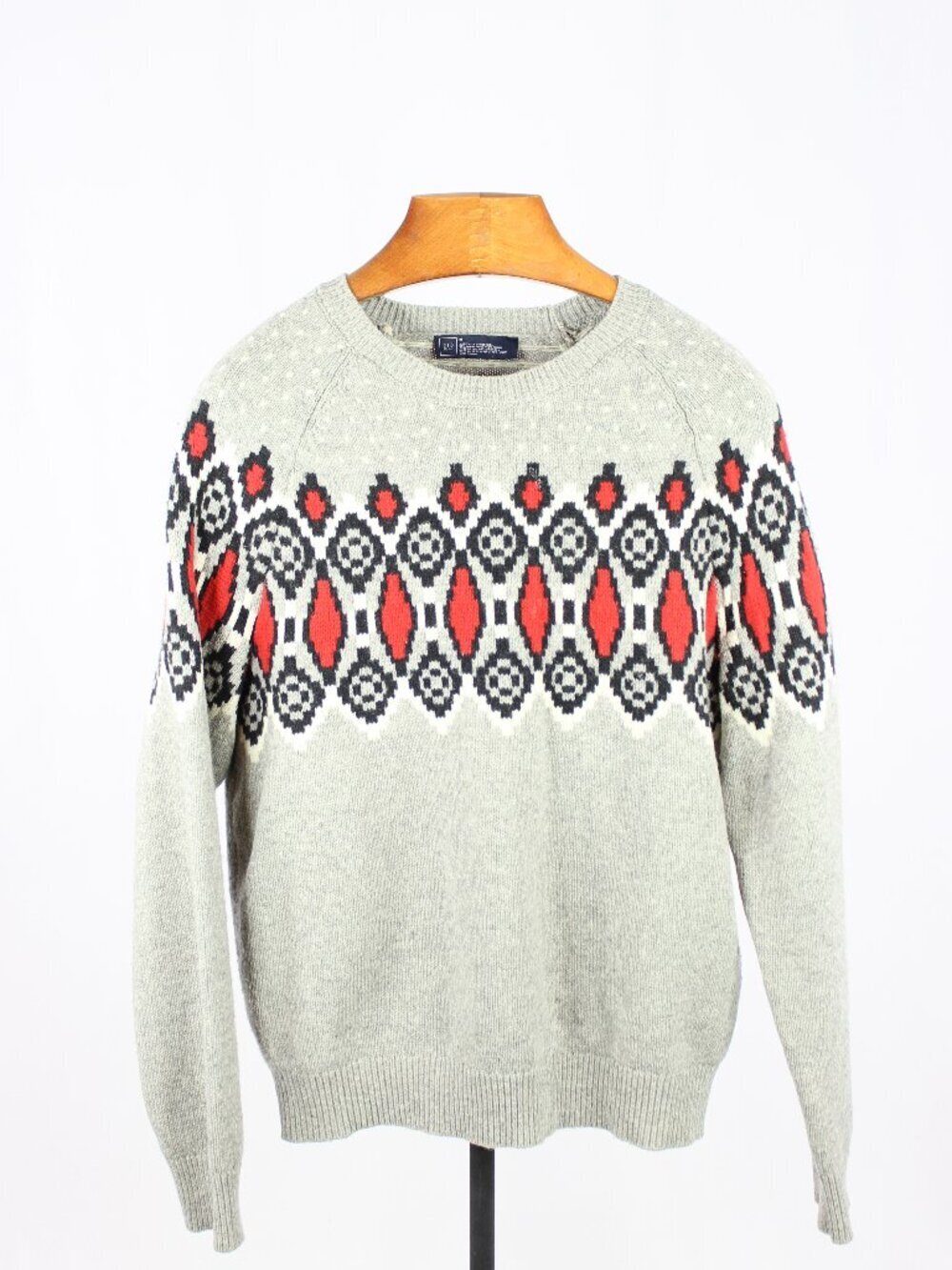 GAP Grey Red Lambswool Blend Wool Knit Patterned Yoke Crew Neck Sweater, Size M